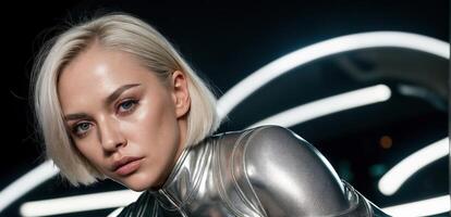 A woman in a shiny silver suit photo