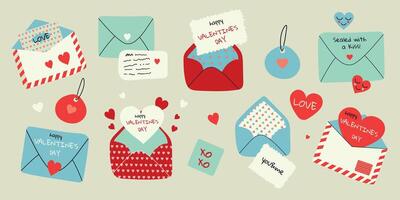 Valentine's day envelopes with hearts and with a text .Cute set. Romantic open and close envelopes with postcards, letters. vector