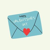 Minimalistic Valentines Day card with blue envelope on a light background. Illustration in flat style, hand drawn doodle. vector