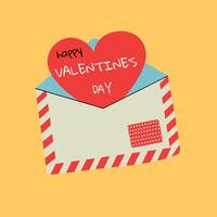 Minimalistic Valentines Day card with envelope on a yellow background. Illustration in flat style, hand drawn doodle. vector