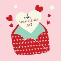 Envelope with red paper hearts on pink background.Minimalistic Valentines Day card with envelope. Illustration in flat style, hand drawn doodle. vector