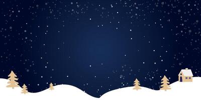 Christmas background, winter forest landscape with space for text. For greeting card, New Year banner with snowy trees, snow, house. vector