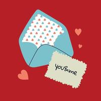Valentines Day card with envelope. Illustration in flat style, hand drawn doodle. vector