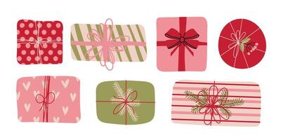 New year present set. Set of gift boxes different shapes and sizes. Boxes with ribbon Set in Trendy Flat style. Gift wrapping simple elements on beige background. vector