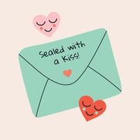 Minimalistic Valentines Day card with envelope. Illustration in flat style, hand drawn doodle. vector