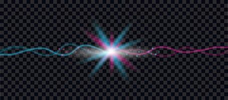 The effect of a bright flash of light on a dark background with rays and glare. Pink-blue curved light line, rope, tape. Element for your design, advertising, postcards, invitations, screensa vector
