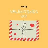 Minimalistic Valentines Day card with envelope on a yellow background. Illustration in flat style, hand drawn doodle. vector