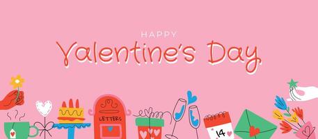 Horizontal banner with pink background and elements for Valentine's Day. Place your text. Valentine's Day sale header or coupon template, postcard. vector
