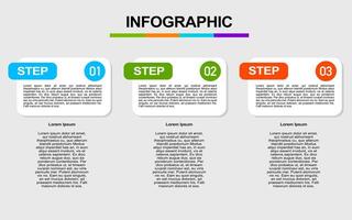 Three step infographic presents numbered process descriptions and text. vector