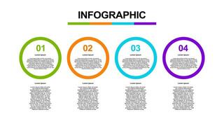 Four colorful circles present numbered steps with text. vector