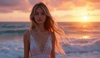 Elegant woman in soft light by the ocean at sunset, exuding beauty and serenity photo