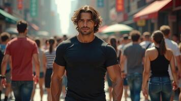 Confident man walking through a bustling urban street, surrounded by a diverse crowd in a vibrant city atmosphere photo