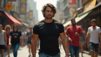 Confident man walking through a bustling urban street, surrounded by a diverse crowd in a vibrant city atmosphere photo