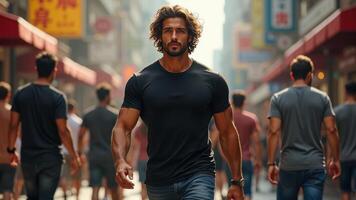 Confident man walking through a bustling urban street, surrounded by a diverse crowd in a vibrant city atmosphere photo