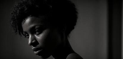 A black and white photo of a woman with a black background