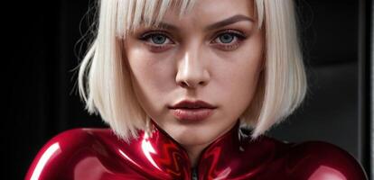 A woman in a red latex suit photo