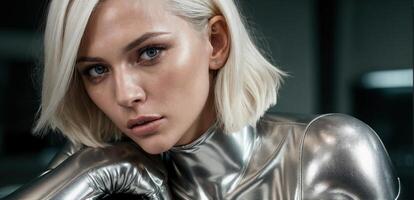 A woman in a shiny suit posing for a photo