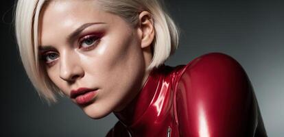 A woman in a red latex suit photo
