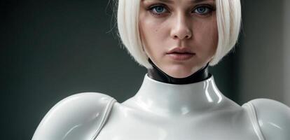 A woman in a white robot suit photo