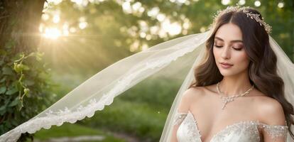 Elegant bride in a white gown and veil, posing outdoors with flowers, showcasing wedding beauty and style photo