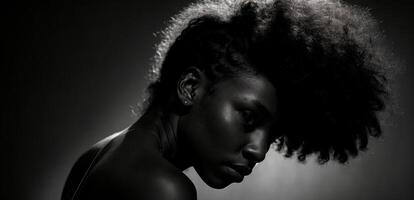 A black and white photo of a woman with an afro