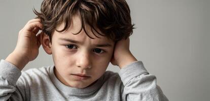 A young boy is holding his head in his hands photo