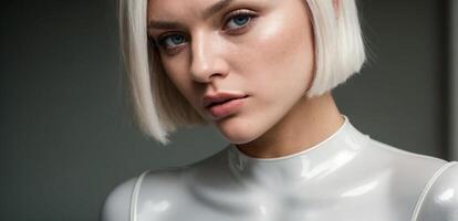 A woman in a white latex suit photo