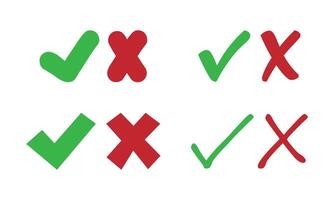 Green check mark and red cross symbols in flat styles vector