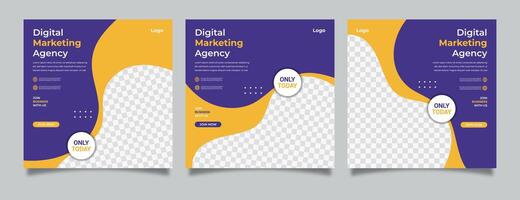 Digital Marketing Social Media Post Template, Digital marketing agency, Square Flyer Template, Editable web Banner Post Template. Web banner ads for promotional design with purple and yellow colors. vector