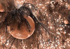 Closeup branches of coniferous tree decorated with glittering balls and shiny light garland on Christmas day at home. Selective focus. Mocha Mousse, Color of the Year 2025. photo