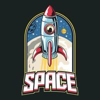 Spaceship Rocket Explore Outer Space Cartoon Illustration for sticker, badge, patch, banner, greeting card, invitation vector