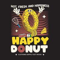 Fast Food Happy Donut Cartoon Character Illustration in Groovy Style vector