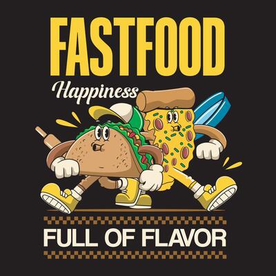 Fast Food Happiness Pizza and Tacos Cartoon Character Illustration in Retro 70s Style