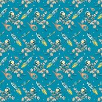 Astronaut Spaceship Meteor Saturn Planet Character Seamless Pattern Illustration vector