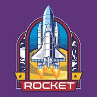 Spaceship Rocket Explore Universe Cartoon Illustration Design for sticker, badge, patch, banner, greeting card, invitation vector
