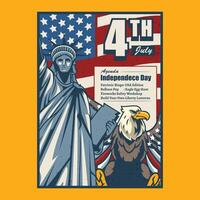 4th of July Independence Day Bald Eagle with American Flag Shield and Statue of Liberty Illustration for social media, flyers, web pages, print media, greeting card, invitation, banner vector