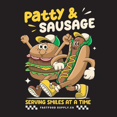 Fast Food Burger Sausage Retro 60s 70s Cartoon Character Illustration in Psychedelic Style for Restaurant