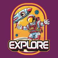 Astronaut Explore Spaceship Cartoon Illustration for sticker, badge, patch, banner, greeting card, invitation vector