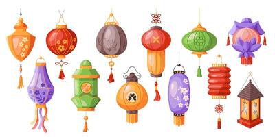 Multicolored Asian lanterns decor flat color objects set. Festive paper lamps of oriental culture illustrations bundle on white background vector