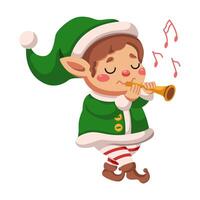 Inspired elf playing flute flat color character. Little man entertaining Christmas party guests illustration on white background vector