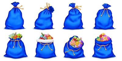 Blue Santa Claus bags with golden ropes and presents realistic color icons set. Christmas gifts in sacks 3d objects bundle on white background vector