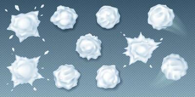 Snowballs and splats realistic icons set. Spheres of snow for active winter game 3d objects bundle on background vector