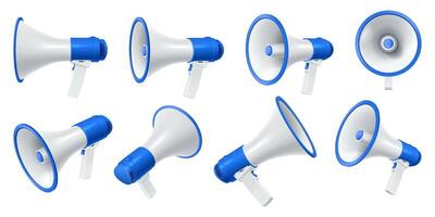 Loudspeakers with blue elements realistic illustration set. Powerful megaphones to shout in public 3d models on white background vector