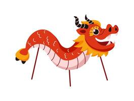 Traditional red Chinese dragon puppet dancing flat color object. Cultural symbolism for lunar New Year illustration on white background vector
