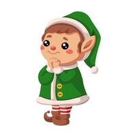 Dreaming elf in green looking at wonder flat color character. Little Santa helper with shiny eyes illustration on white background vector