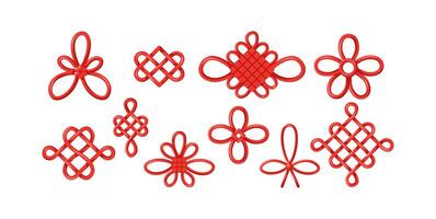 Ornamental red Chinese knots flat color objects set. Decorative patterns of tied threads illustrations bundle on white background vector