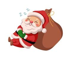 Santa Claus sleeping peacefully on sack flat color character. Saint Nicolas napping on gifts bag illustration on white background vector