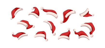 Festive Santa hats in different angles flat color objects set. Christmas holiday headwear for party illustration on white background vector