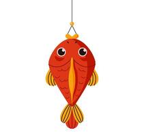 Red fish hanging on string for lunar New Year flat color object. Traditional symbol of prosperity and good luck illustration on white vector