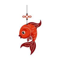 Red ornamental fish with lucky knot flat color object. Celebrating Chinese New Year with fortune signs illustration on white background vector